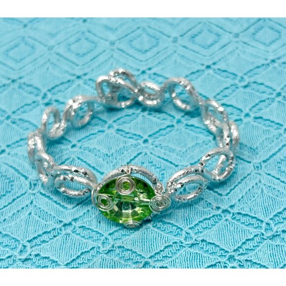 Three Bracelets - Wire Wrapped Green Stone, Light Blue Pearls, & Sparkly Bangle - Picture 3 of 5
